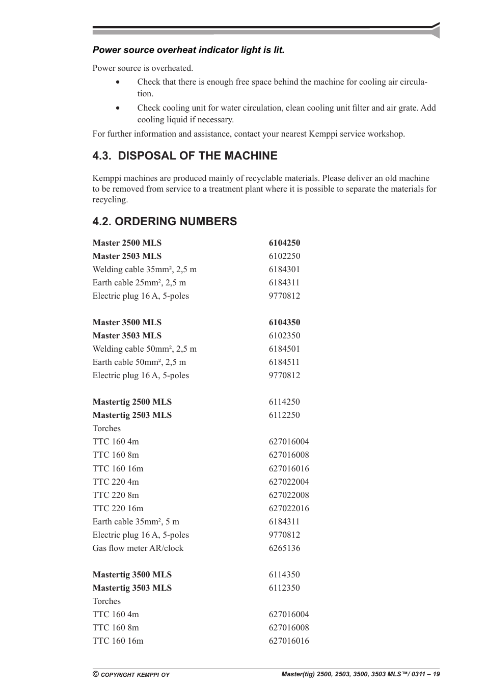 Disposal of the machine, Ordering numbers | Kemppi Mastercool 12 User Manual | Page 19 / 23