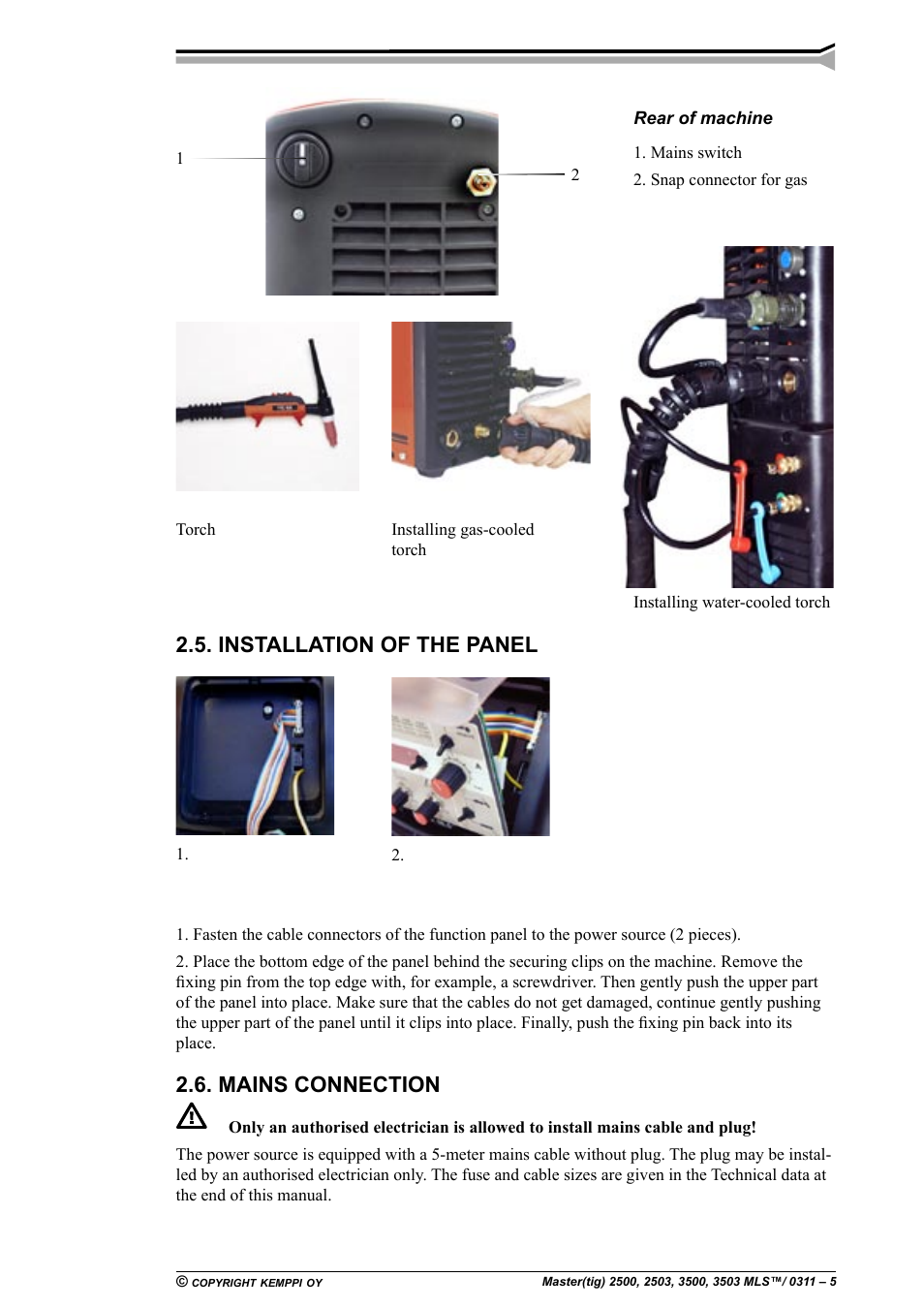 Installation of the panel, Mains connection | Kemppi Mastercool 12 User Manual | Page 5 / 23