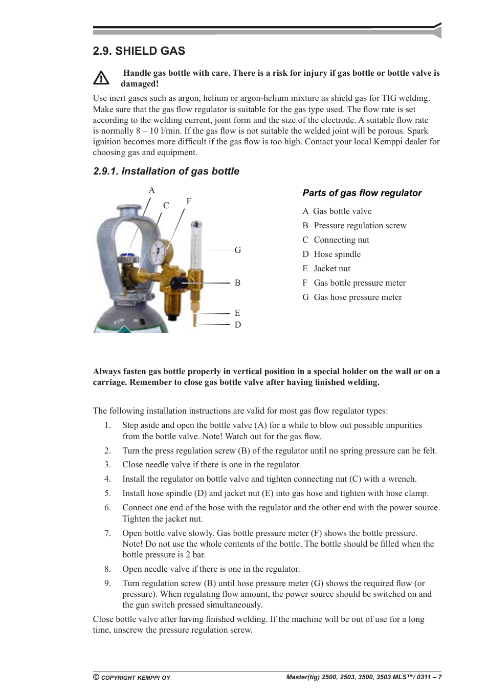 Shield gas, Installation of gas bottle | Kemppi Mastercool 12 User Manual | Page 7 / 23