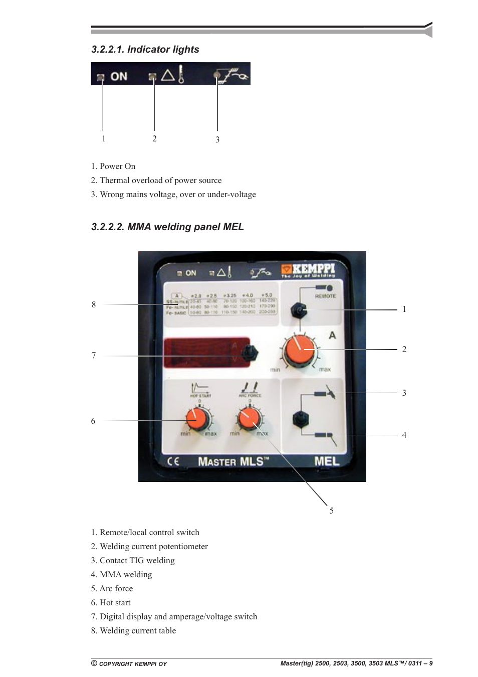 Indicator lights, Mma welding panel mel | Kemppi Mastercool 12 User Manual | Page 9 / 23