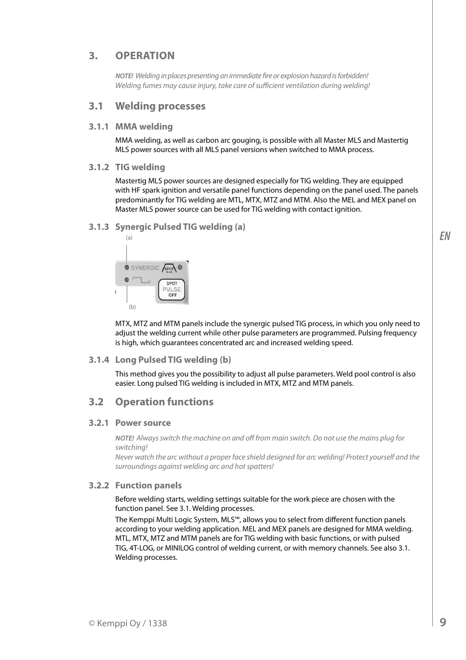 Operation, 1 welding processes, 2 operation functions | Kemppi MasterTig MLS 4000 User Manual | Page 11 / 28