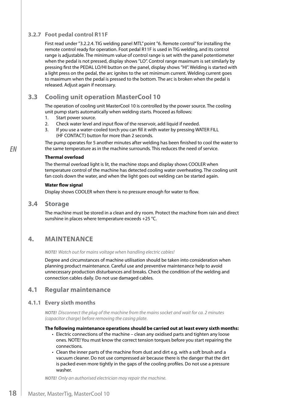 3 cooling unit operation mastercool 10, 4 storage, Maintenance | 1 regular maintenance | Kemppi MasterTig MLS 4000 User Manual | Page 20 / 28