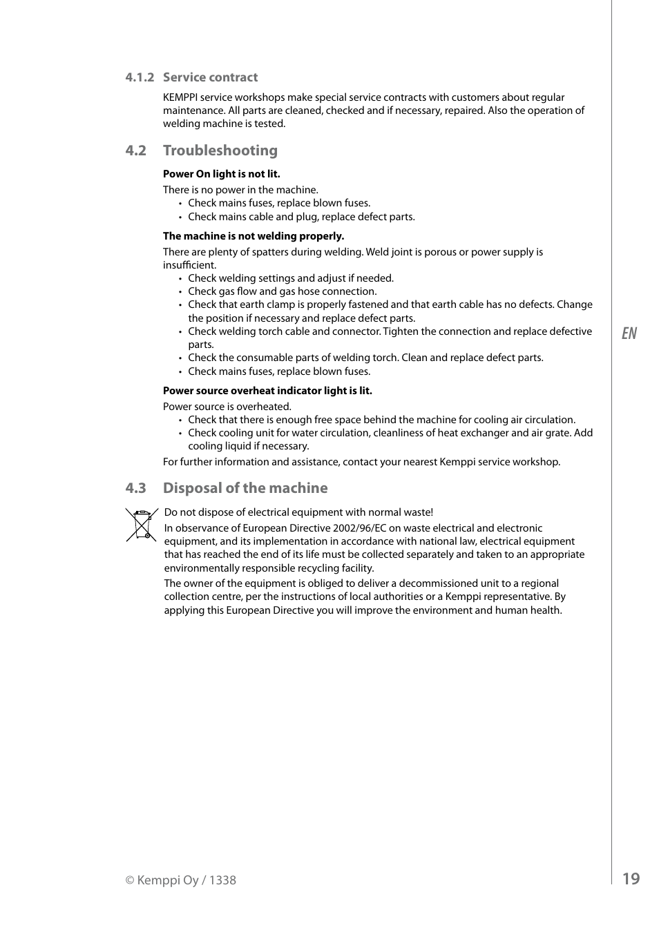 2 troubleshooting, 3 disposal of the machine | Kemppi MasterTig MLS 4000 User Manual | Page 21 / 28