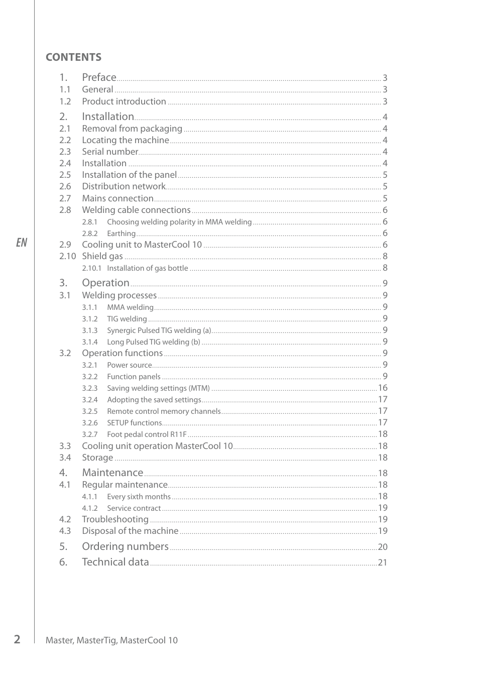 Contents 1. preface, Installation, Operation | Maintenance, Ordering numbers, Technical data | Kemppi MasterTig MLS 4000 User Manual | Page 4 / 28