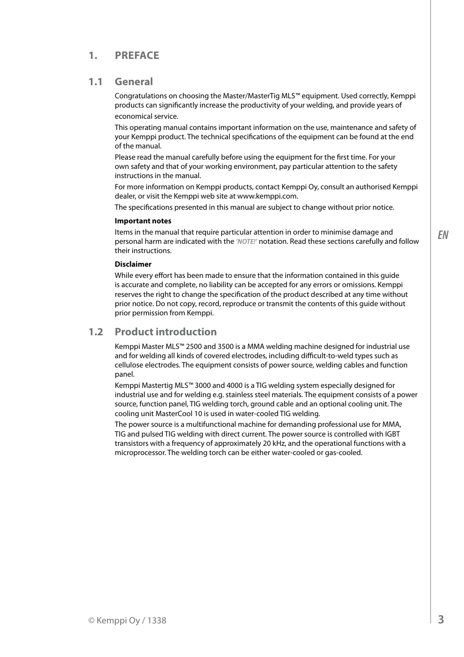 Preface 1.1 general, 2 product introduction | Kemppi MasterTig MLS 4000 User Manual | Page 5 / 28