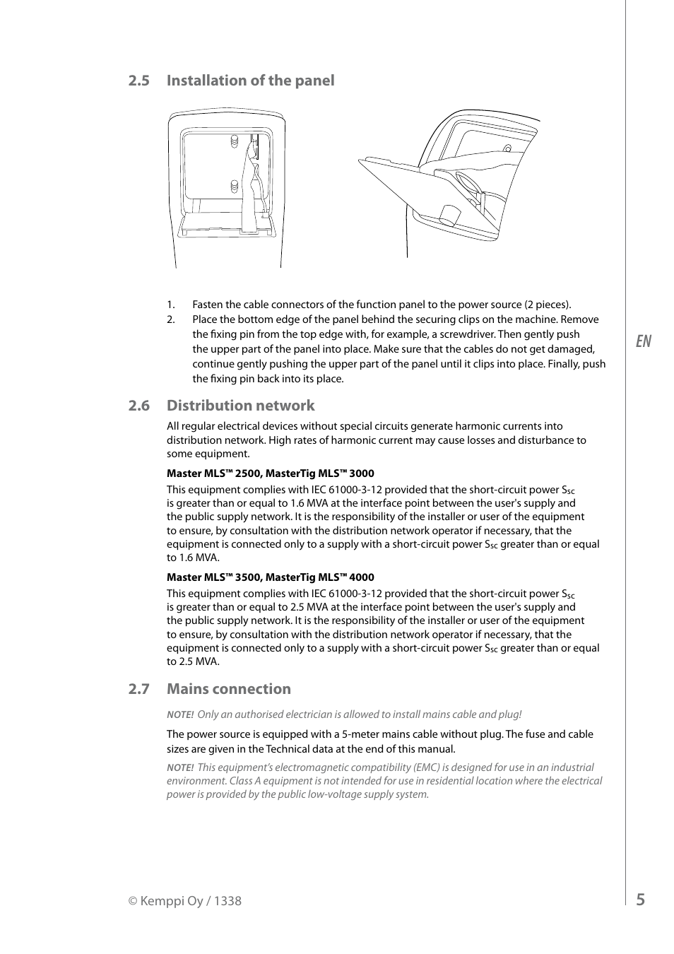 5 installation of the panel, 6 distribution network, 7 mains connection | Kemppi MasterTig MLS 4000 User Manual | Page 7 / 28