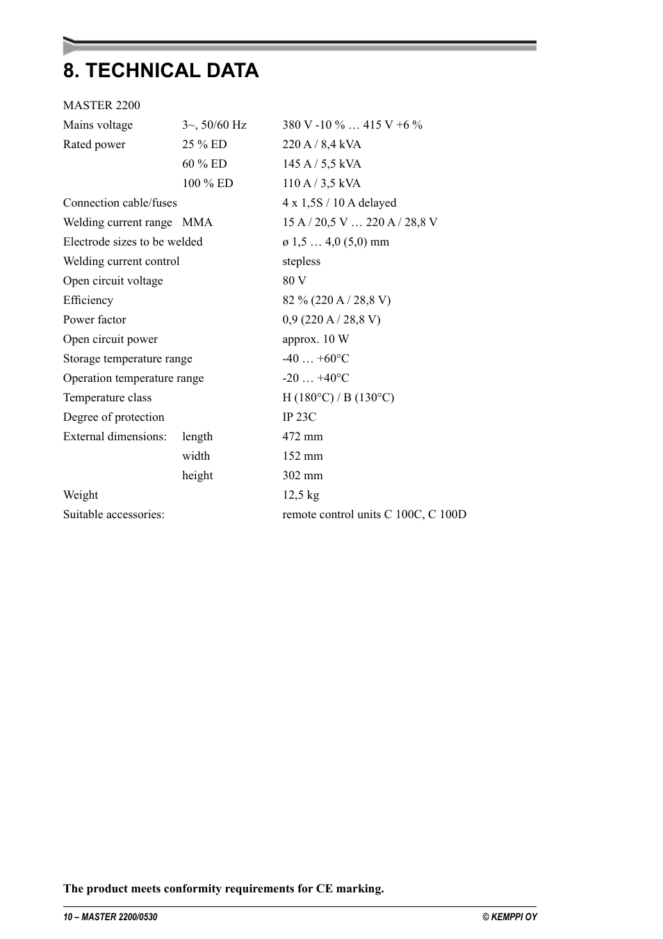 Technical data | Kemppi 2200 Master User Manual | Page 10 / 12