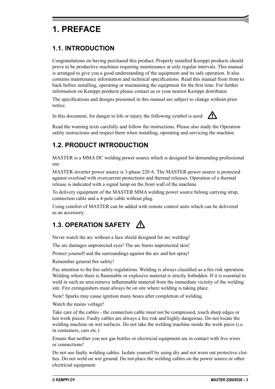 Preface, Introduction, Product introduction | Operation safety | Kemppi 2200 Master User Manual | Page 3 / 12