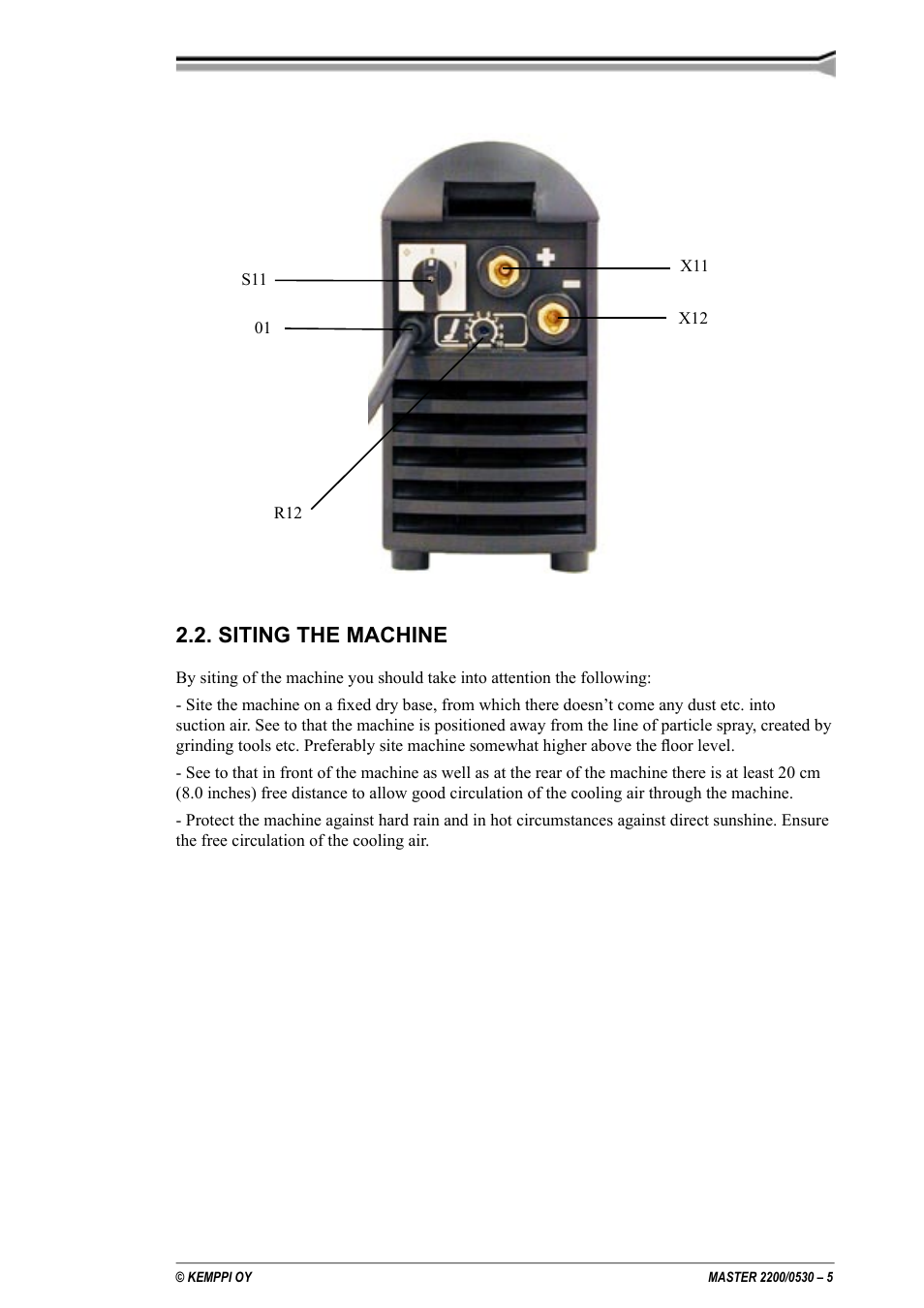 Siting the machine | Kemppi 2200 Master User Manual | Page 5 / 12