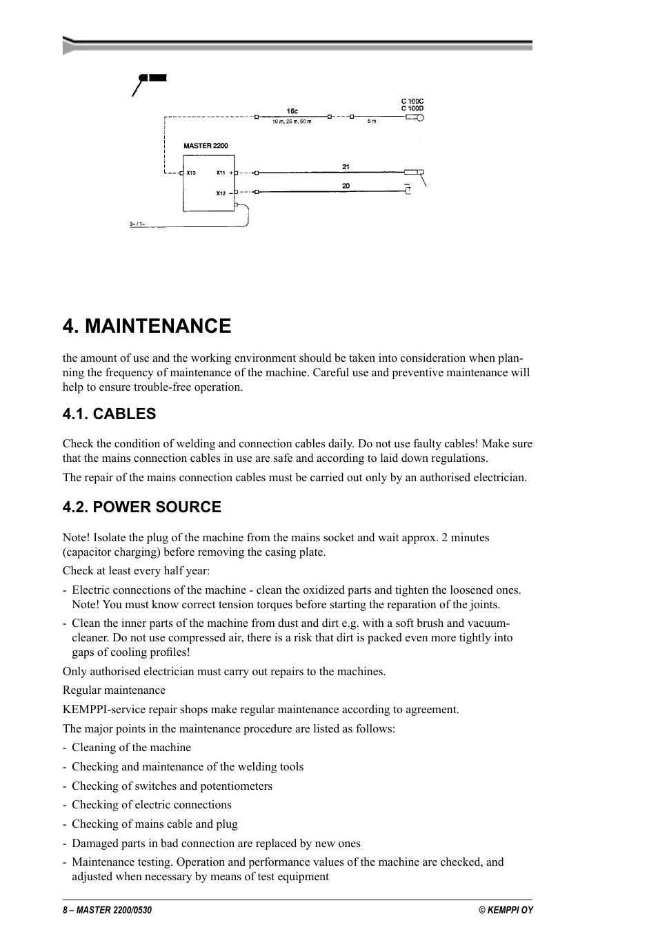 Maintenance, Cables, Power source | Kemppi 2200 Master User Manual | Page 8 / 12