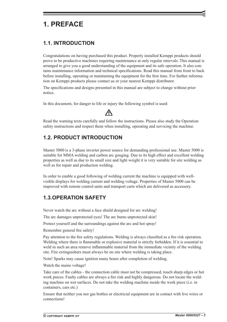 Preface, Introduction, Product introduction | Operation safety | Kemppi 5000 Master User Manual | Page 3 / 14