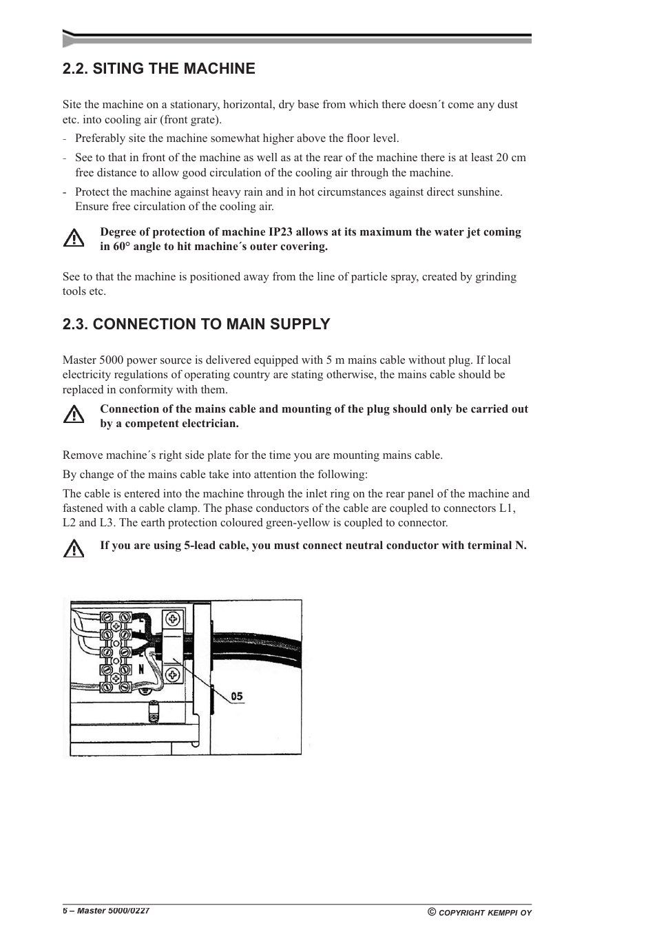 Siting the machine, Connection to main supply | Kemppi 5000 Master User Manual | Page 6 / 14