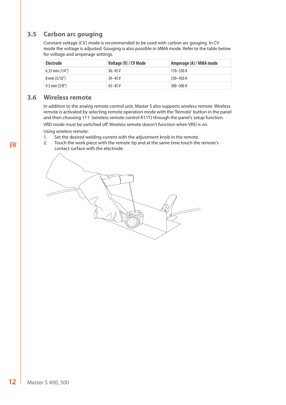 5 carbon arc gouging, 6 wireless remote | Kemppi Master S 400 User Manual | Page 14 / 20