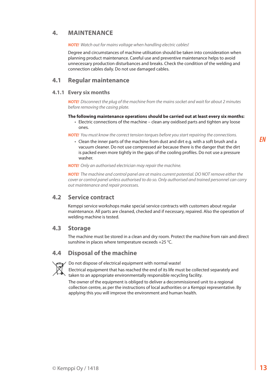 Maintenance, 1 regular maintenance, 2 service contract | 3 storage, 4 disposal of the machine | Kemppi Master S 400 User Manual | Page 15 / 20