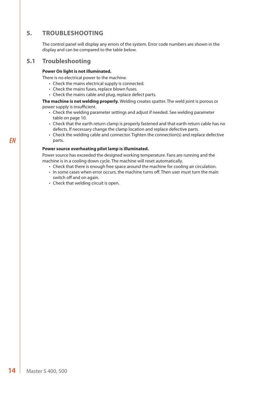 Troubleshooting, 1 troubleshooting | Kemppi Master S 400 User Manual | Page 16 / 20