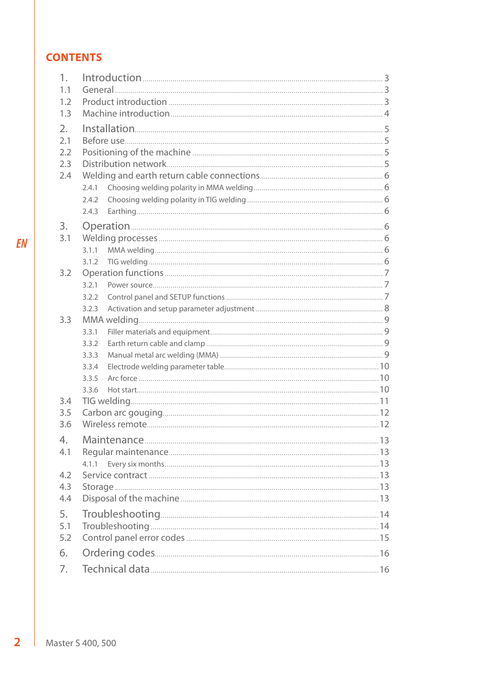 Contents 1. introduction, Installation, Operation | Maintenance, Troubleshooting, Ordering codes, Technical data | Kemppi Master S 400 User Manual | Page 4 / 20
