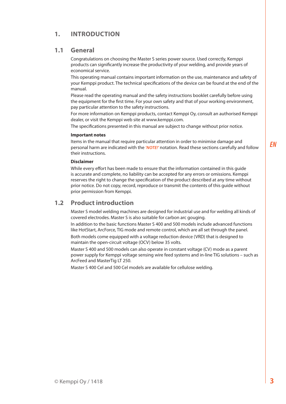 Introduction 1.1 general, 2 product introduction | Kemppi Master S 400 User Manual | Page 5 / 20