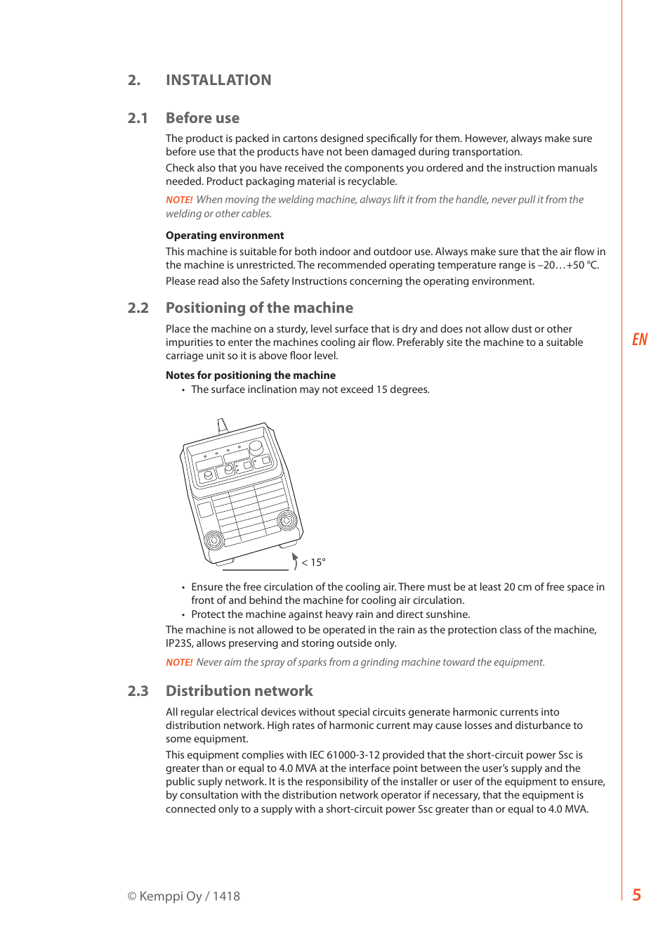 Installation 2.1 before use, 2 positioning of the machine, 3 distribution network | Kemppi Master S 400 User Manual | Page 7 / 20