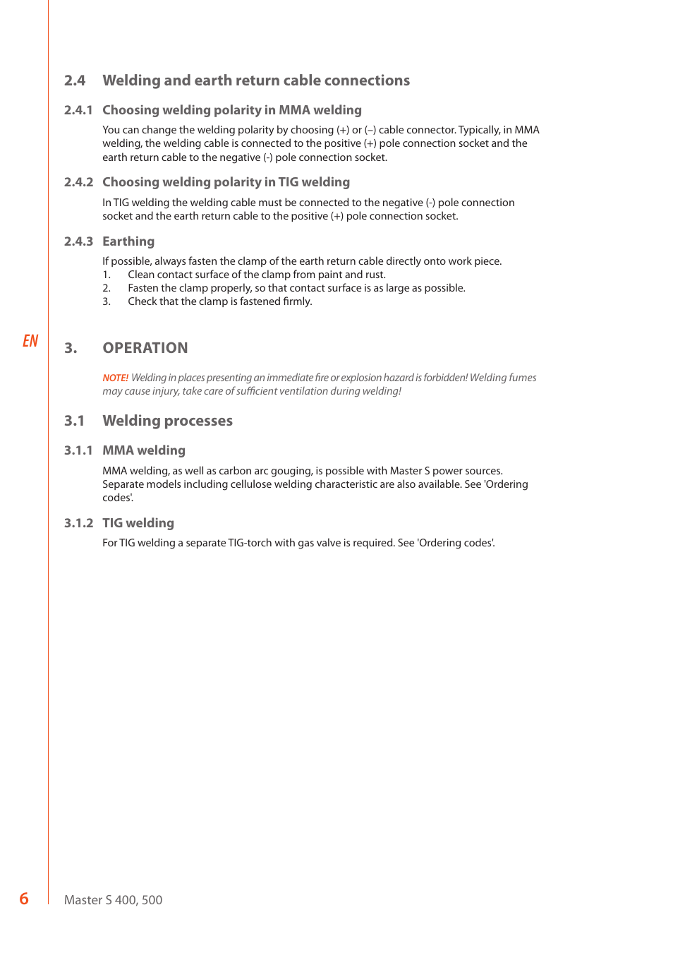 4 welding and earth return cable connections, Operation, 1 welding processes | Kemppi Master S 400 User Manual | Page 8 / 20