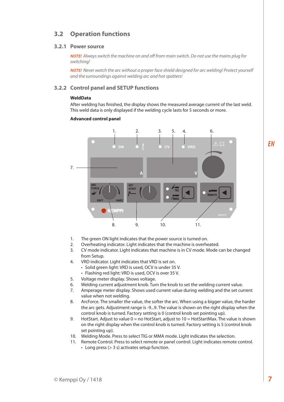 2 operation functions | Kemppi Master S 400 User Manual | Page 9 / 20