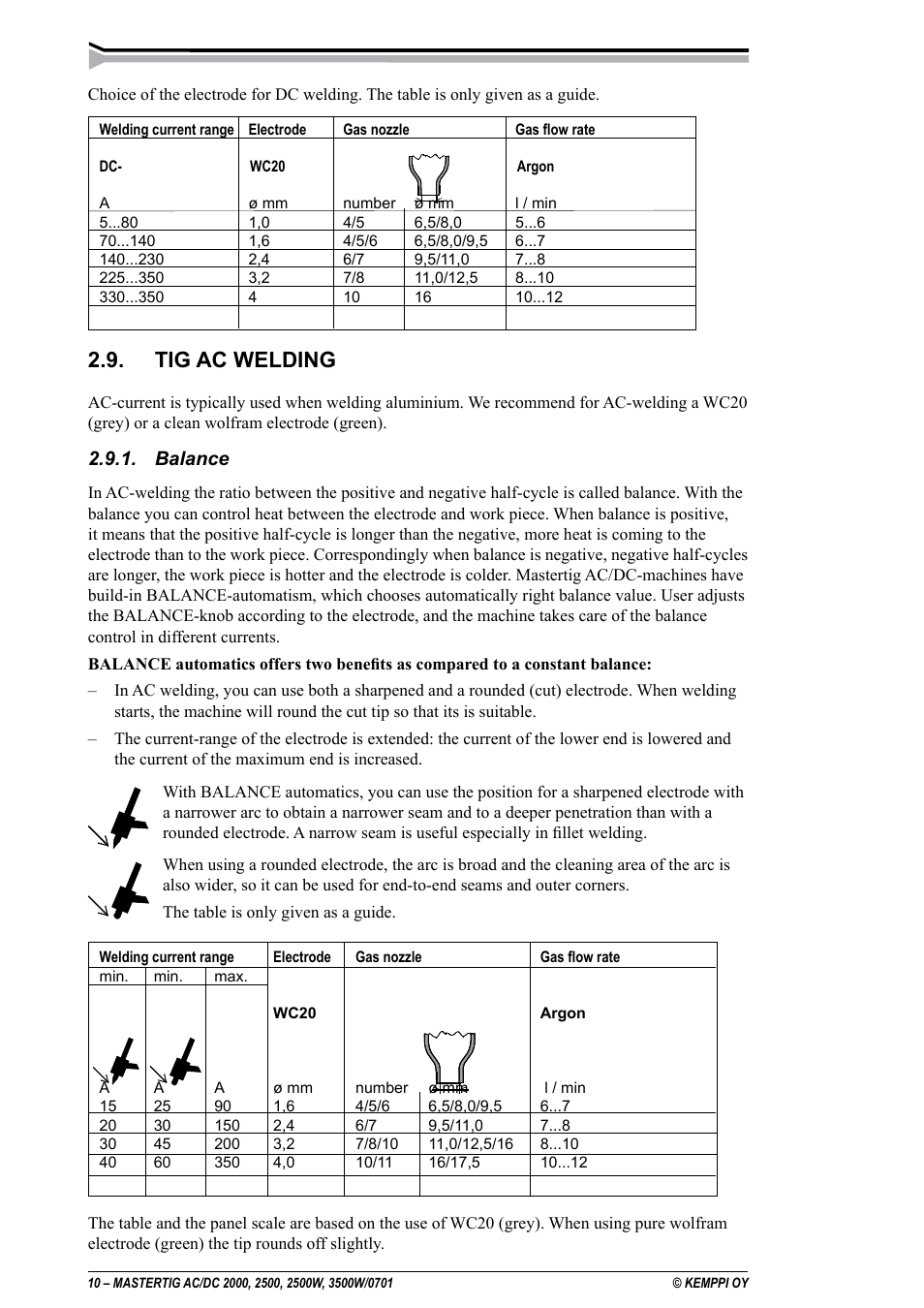 Tig ac welding, Balance | Kemppi DC 2000 User Manual | Page 10 / 33