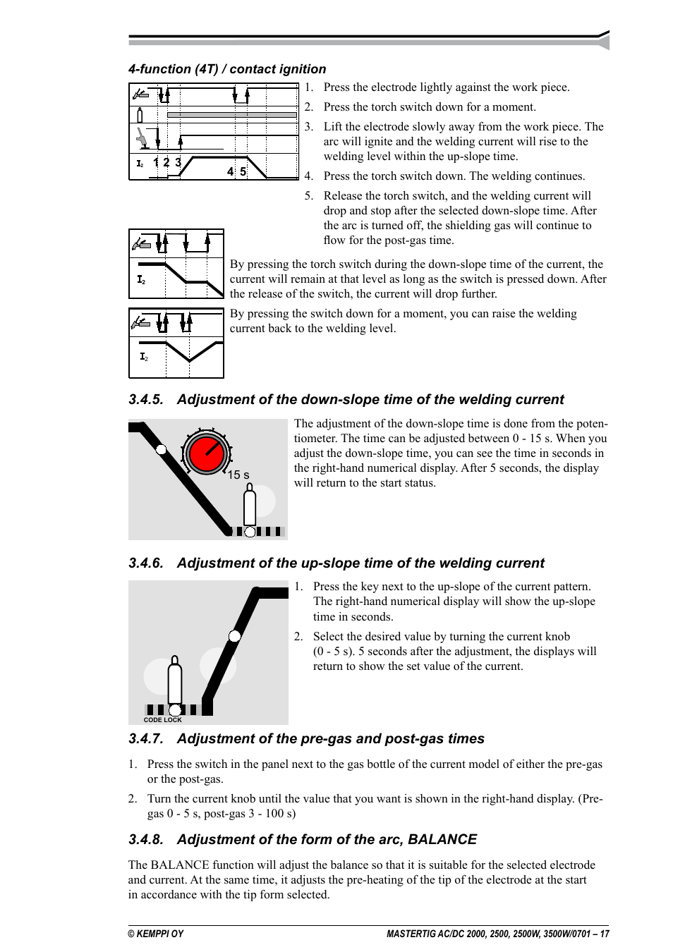 Adjustment of the pre-gas and post-gas times, Adjustment of the form of the arc, balance | Kemppi DC 2000 User Manual | Page 17 / 33