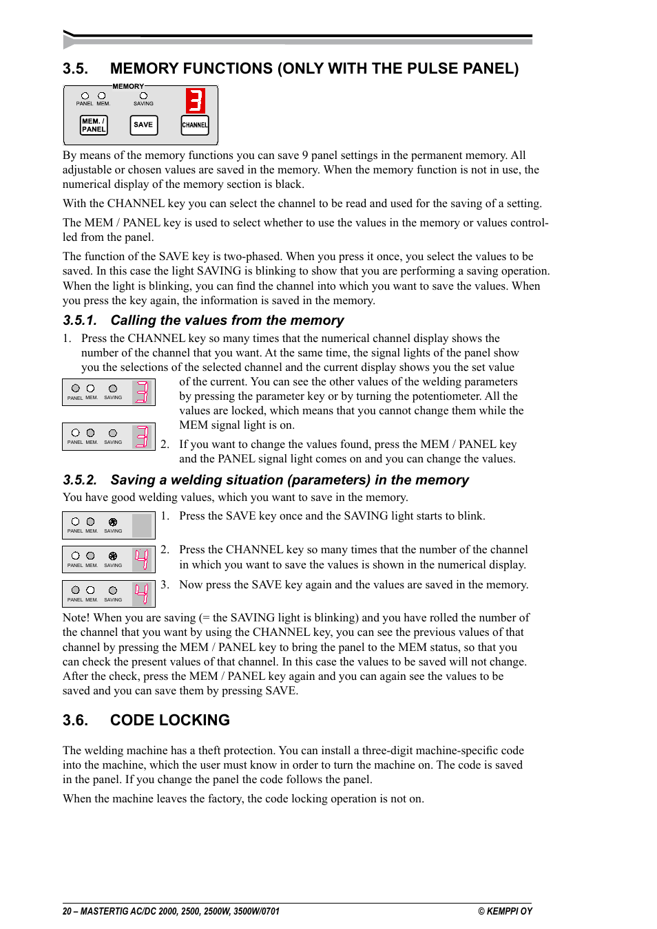 Code locking | Kemppi DC 2000 User Manual | Page 20 / 33