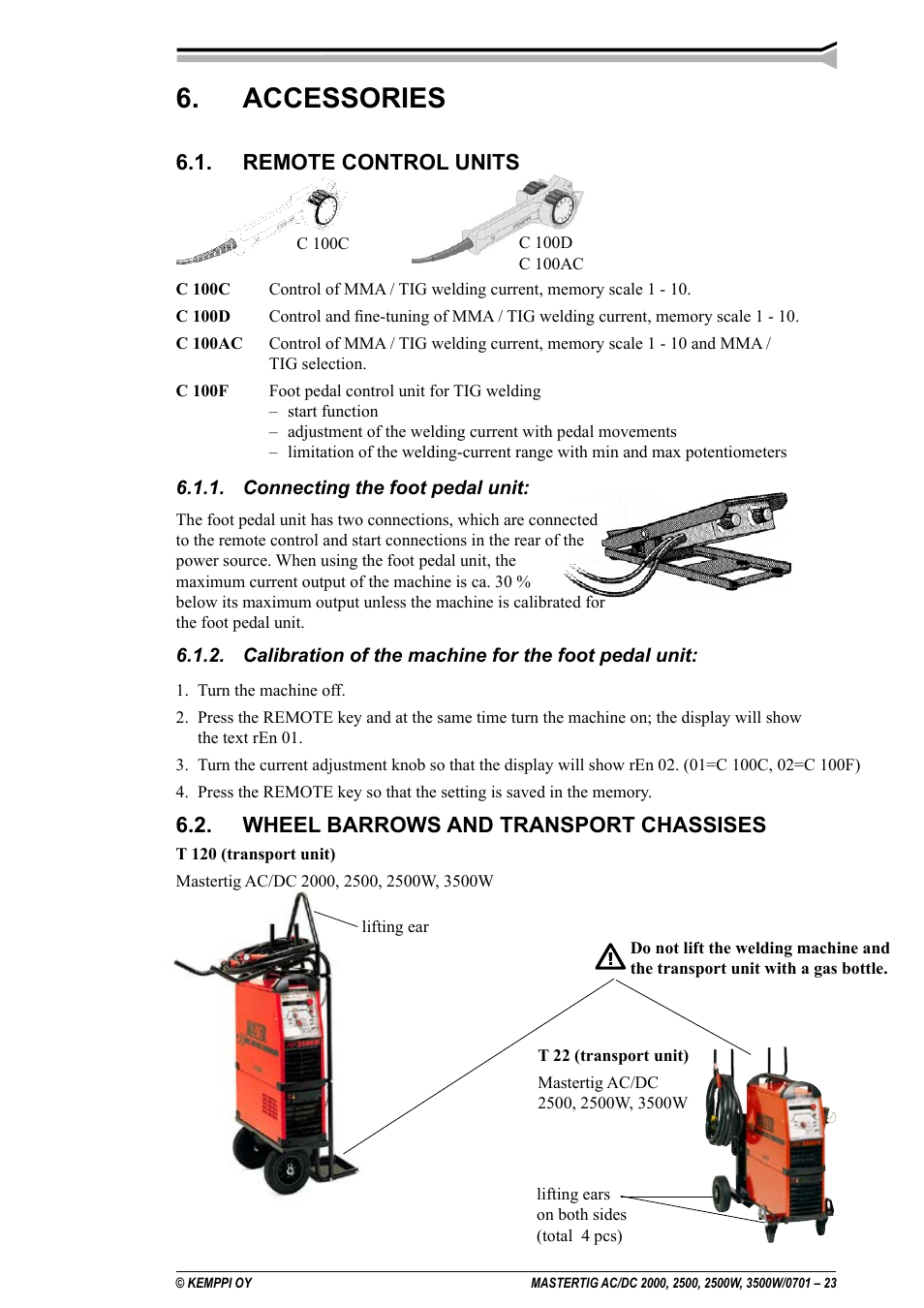 Accessories, Remote control units, Wheel barrows and transport chassises | Kemppi DC 2000 User Manual | Page 23 / 33