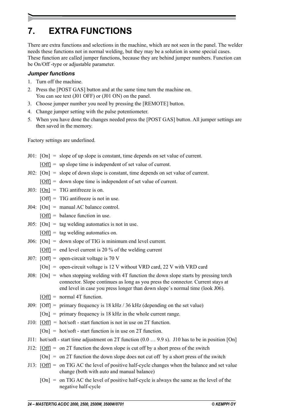 Extra functions | Kemppi DC 2000 User Manual | Page 24 / 33