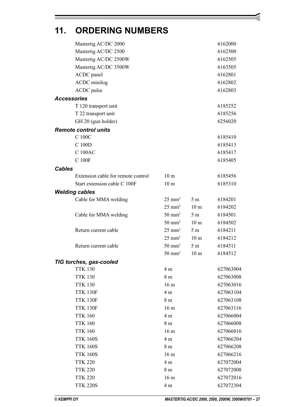 Ordering numbers | Kemppi DC 2000 User Manual | Page 27 / 33