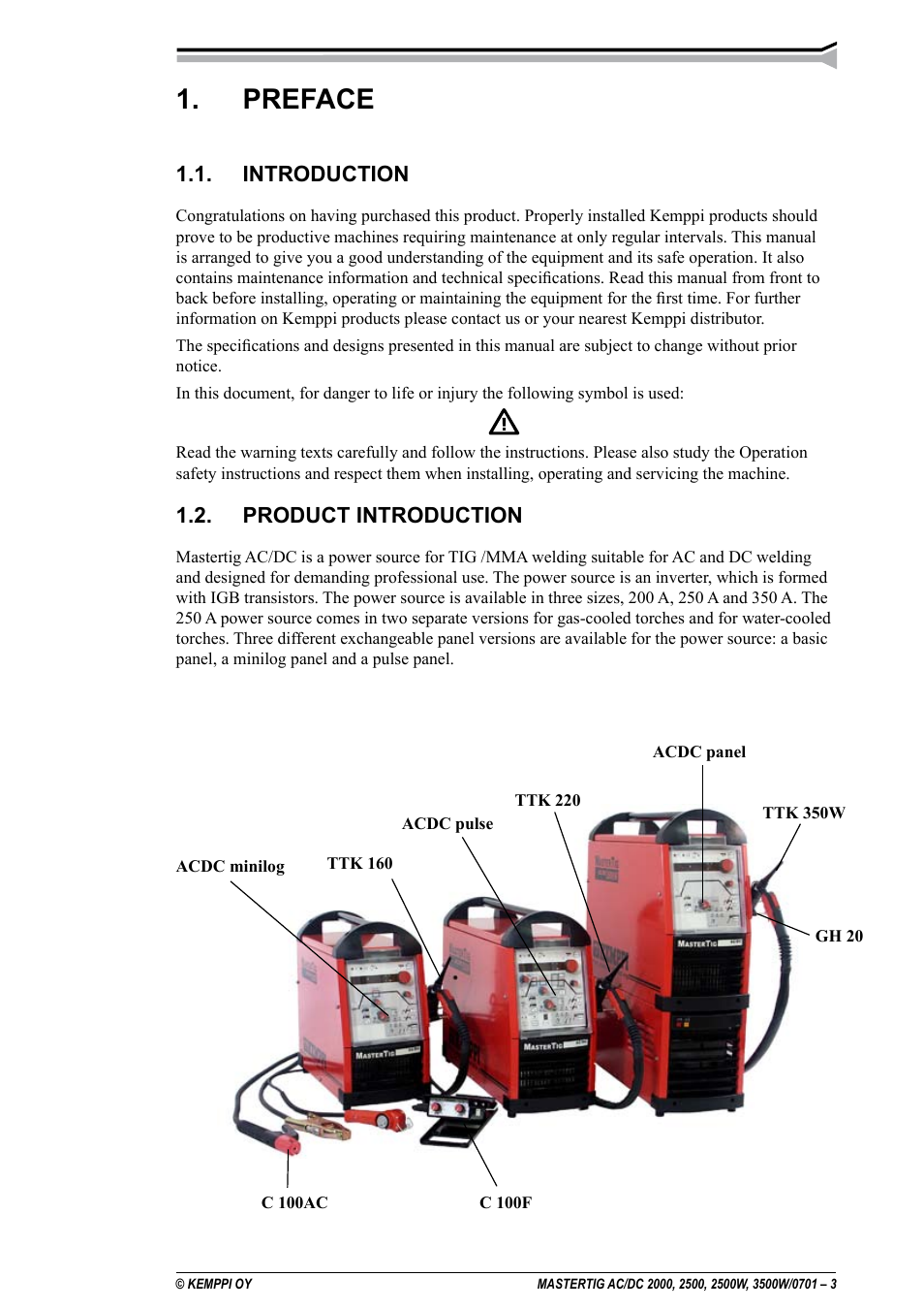 Preface, Introduction, Product introduction | Kemppi DC 2000 User Manual | Page 3 / 33
