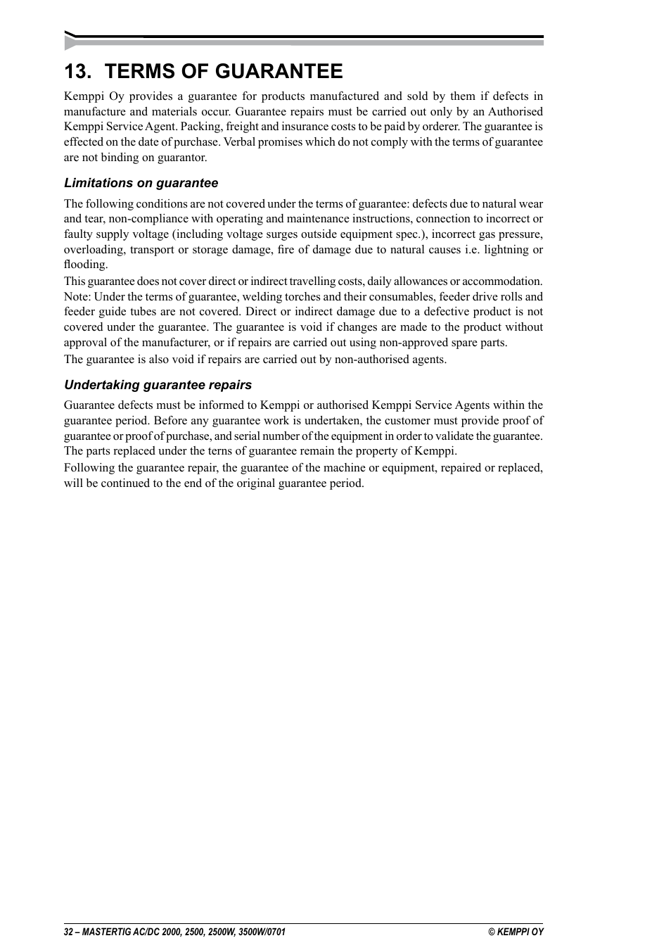 Terms of guarantee | Kemppi DC 2000 User Manual | Page 32 / 33