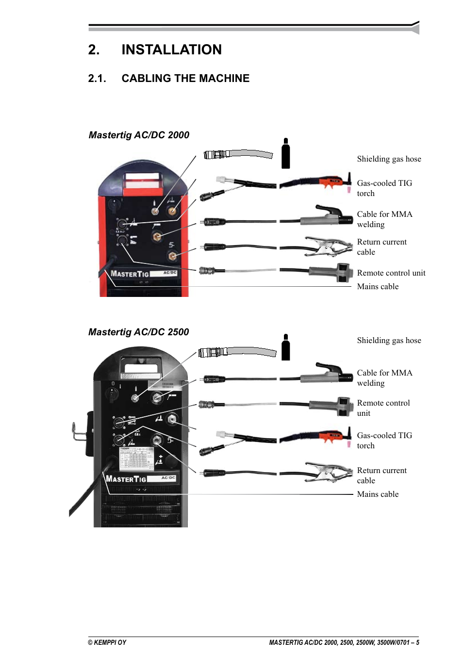Installation, Cabling the machine | Kemppi DC 2000 User Manual | Page 5 / 33