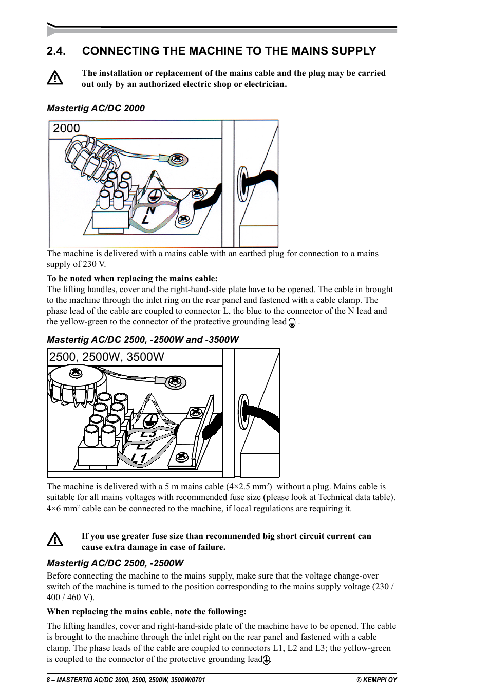Connecting the machine to the mains supply | Kemppi DC 2000 User Manual | Page 8 / 33