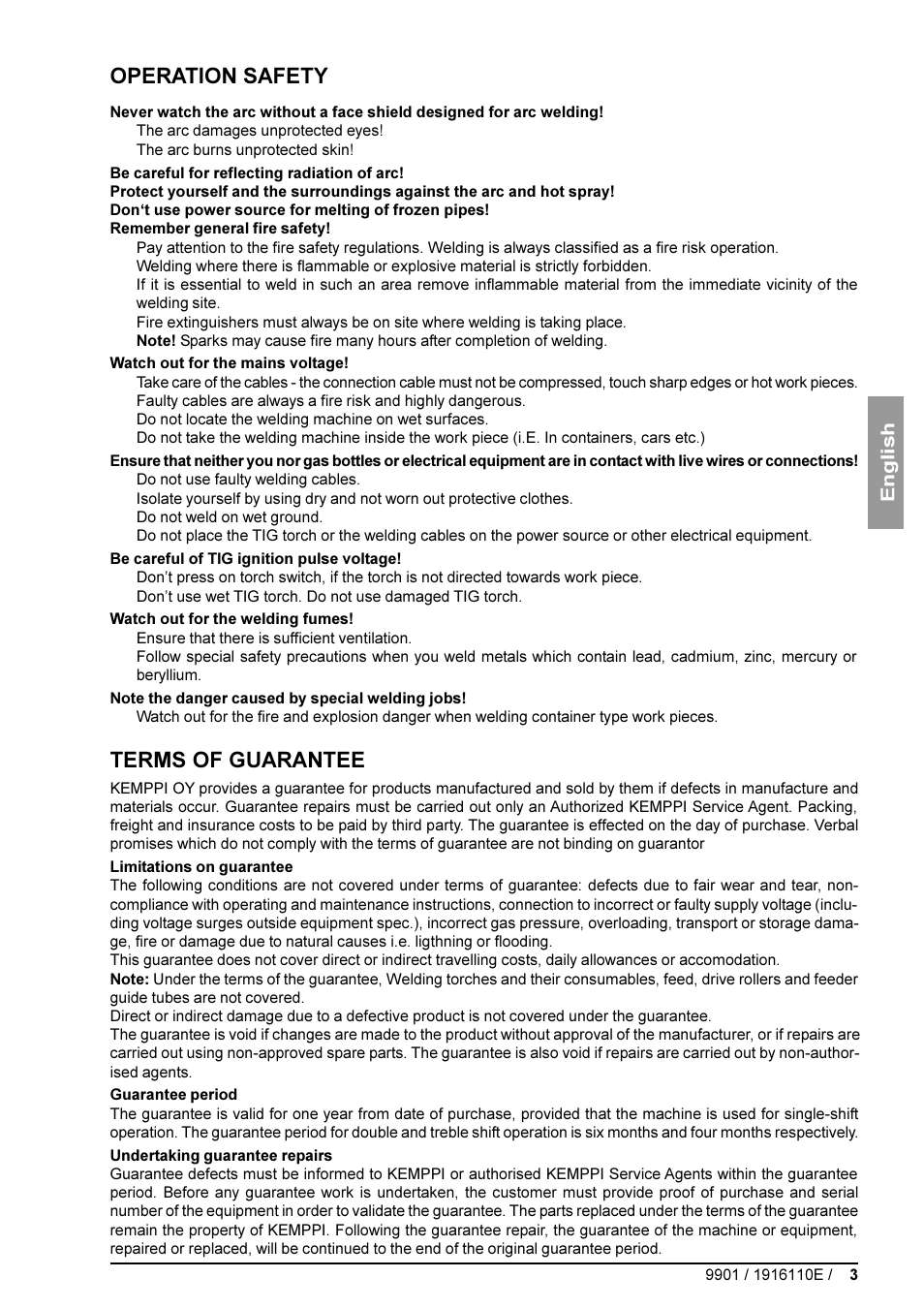 Operation safety, Terms of guarantee | Kemppi DC 3500W User Manual | Page 3 / 21