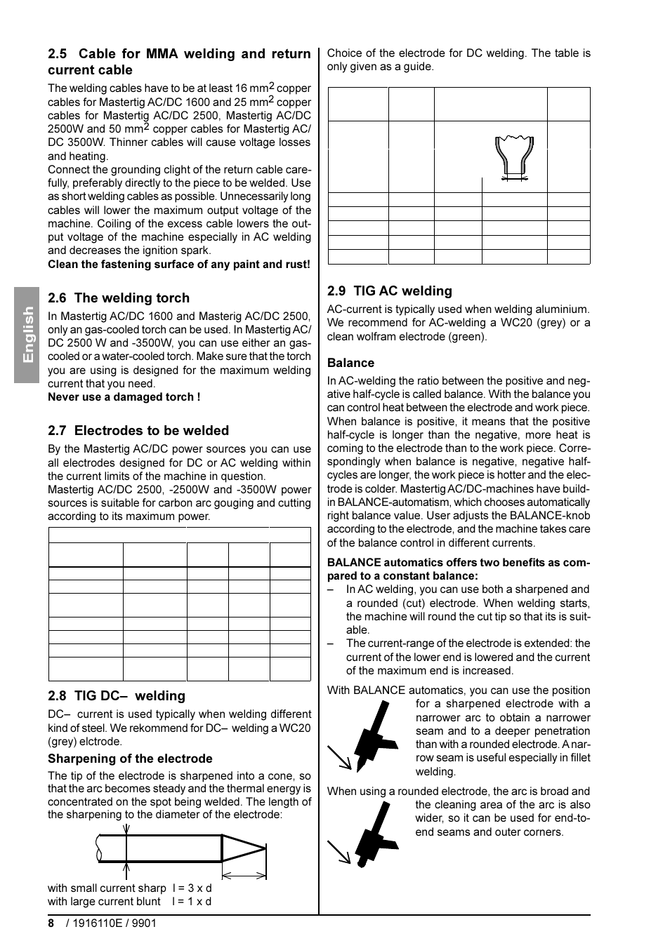 English, 5 cable for mma welding and return current cable, 6 the welding torch | 7 electrodes to be welded, 8 tig dc welding, 9 tig ac welding | Kemppi DC 3500W User Manual | Page 8 / 21
