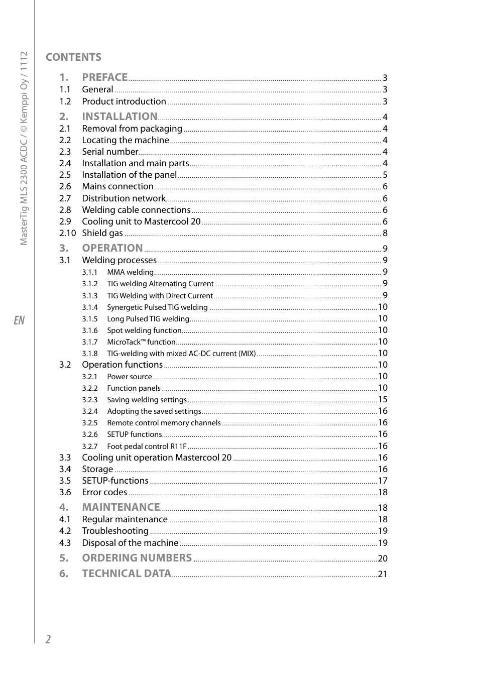 Contents 1. preface, Installation, Operation | Maintenance, Ordering numbers, Technical data | Kemppi MLS 2300 ACDC User Manual | Page 4 / 26