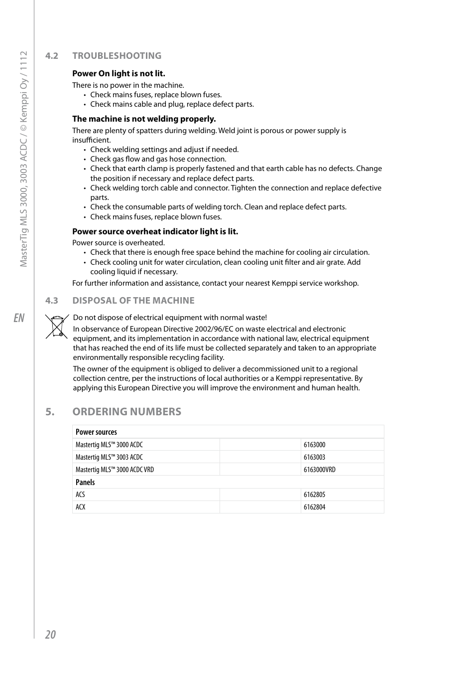 Ordering numbers | Kemppi MLS 3000 ACDC VRD User Manual | Page 22 / 28