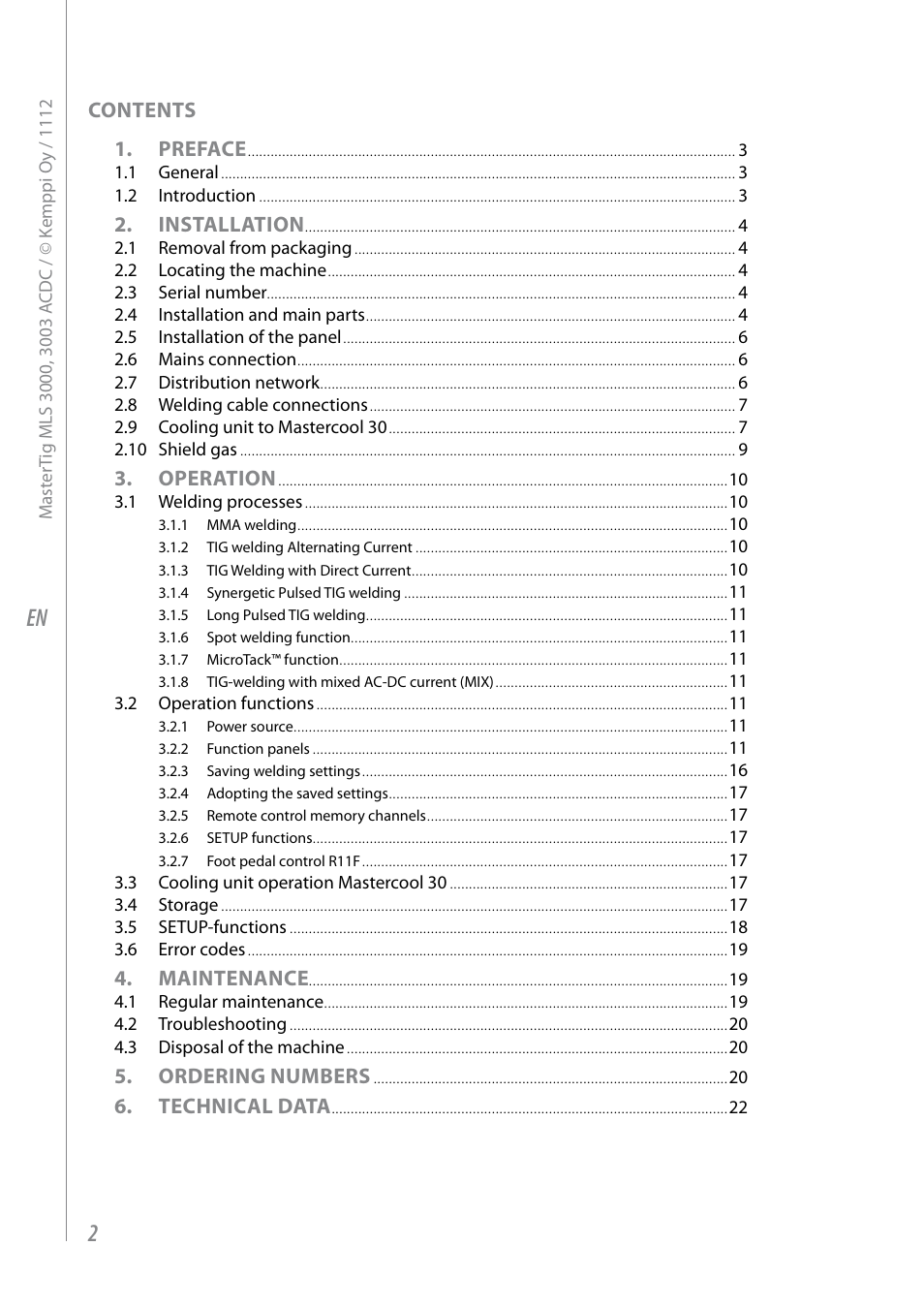 Contents 1. preface, Installation, Operation | Maintenance, Ordering numbers, Technical data | Kemppi MLS 3000 ACDC VRD User Manual | Page 4 / 28