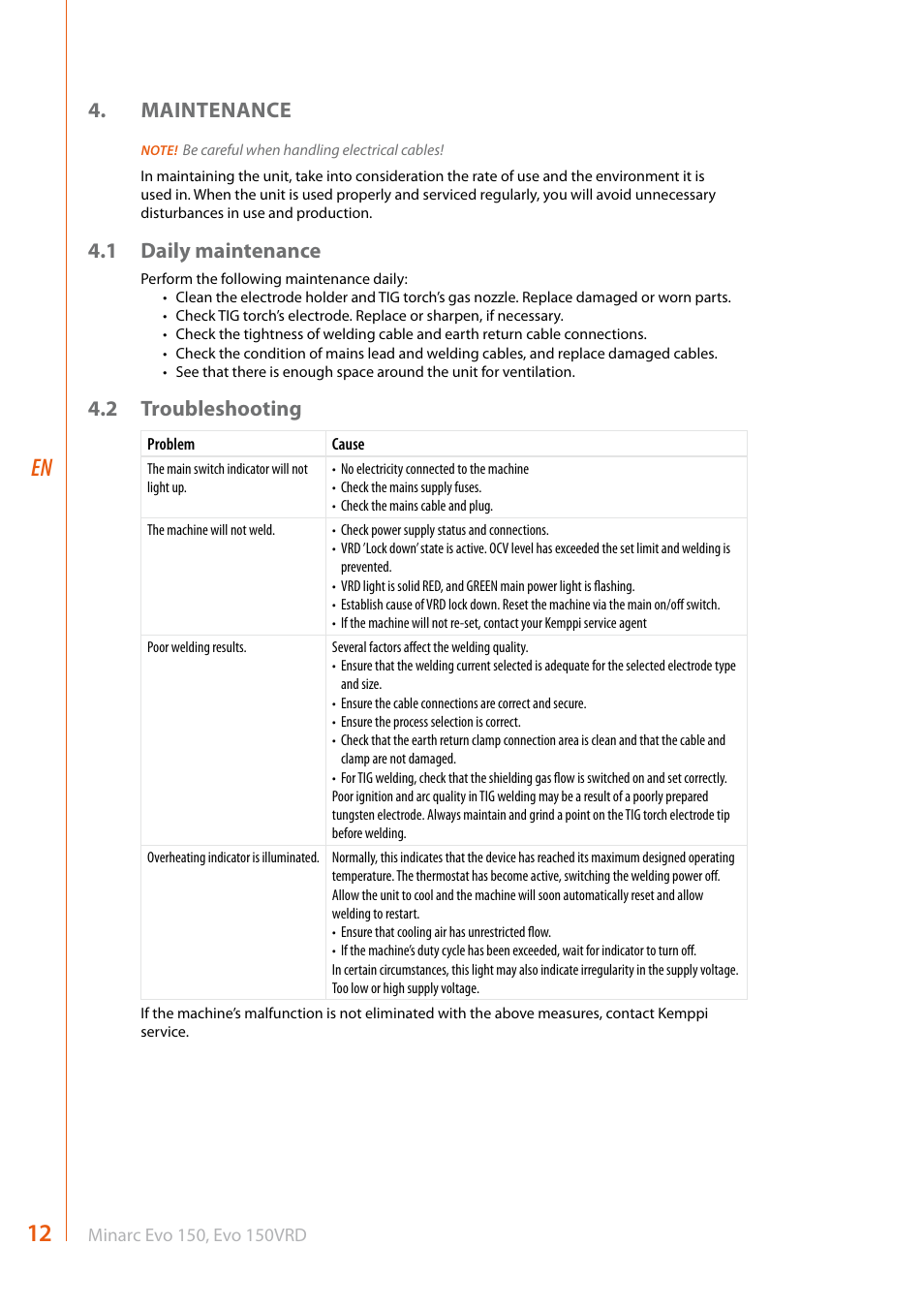 Maintenance, 1 daily maintenance, 2 troubleshooting | Kemppi Evo 150 User Manual | Page 14 / 18