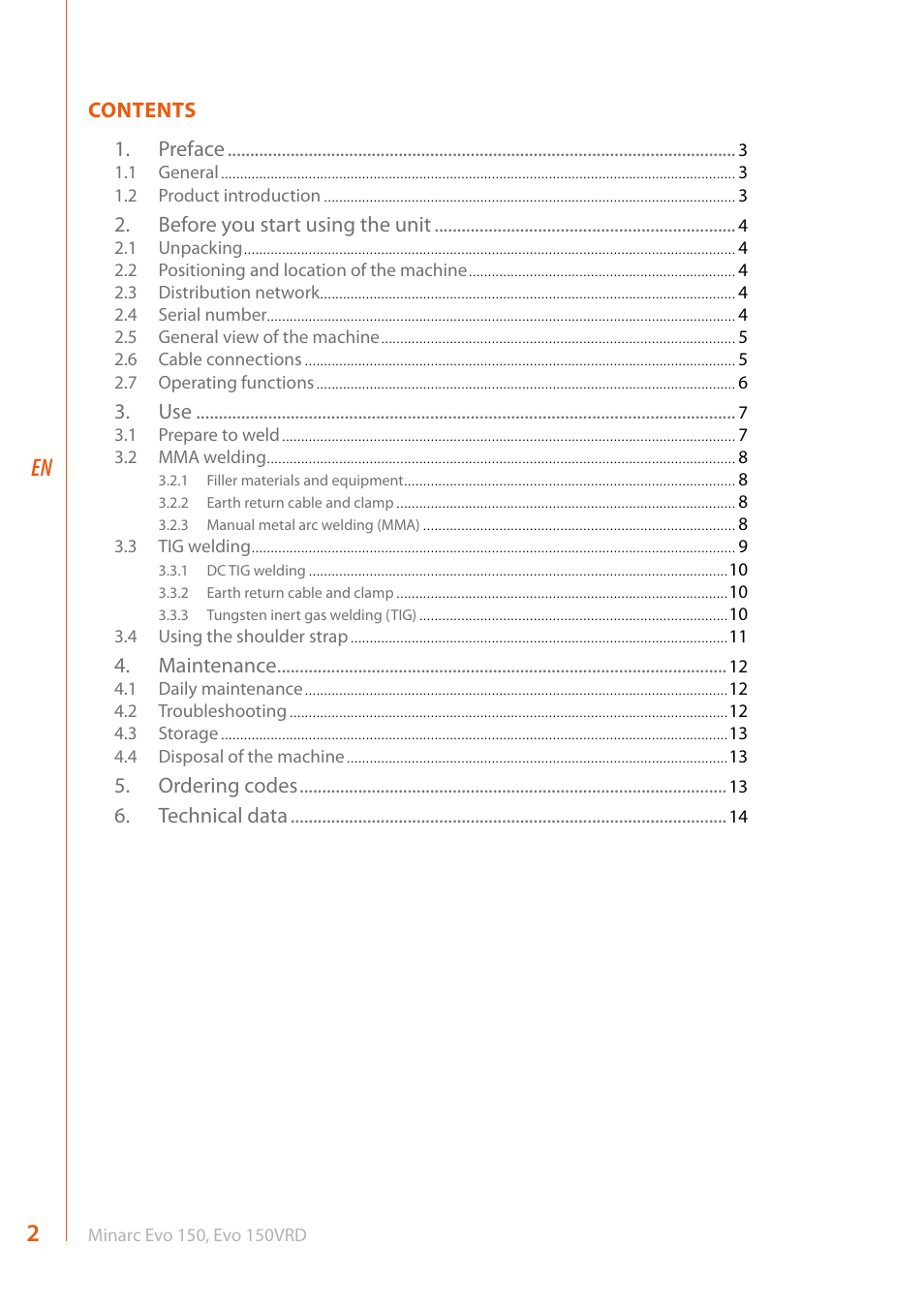Contents 1. preface, Before you start using the unit, Maintenance | Ordering codes, Technical data | Kemppi Evo 150 User Manual | Page 4 / 18