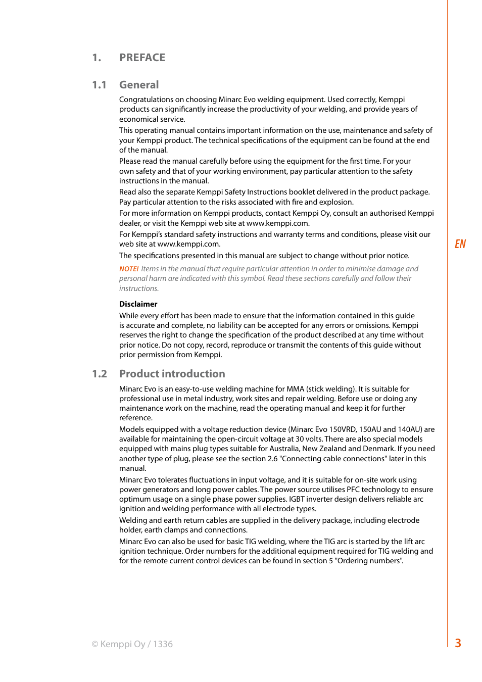 Preface 1.1 general, 2 product introduction | Kemppi Evo 150 User Manual | Page 5 / 18