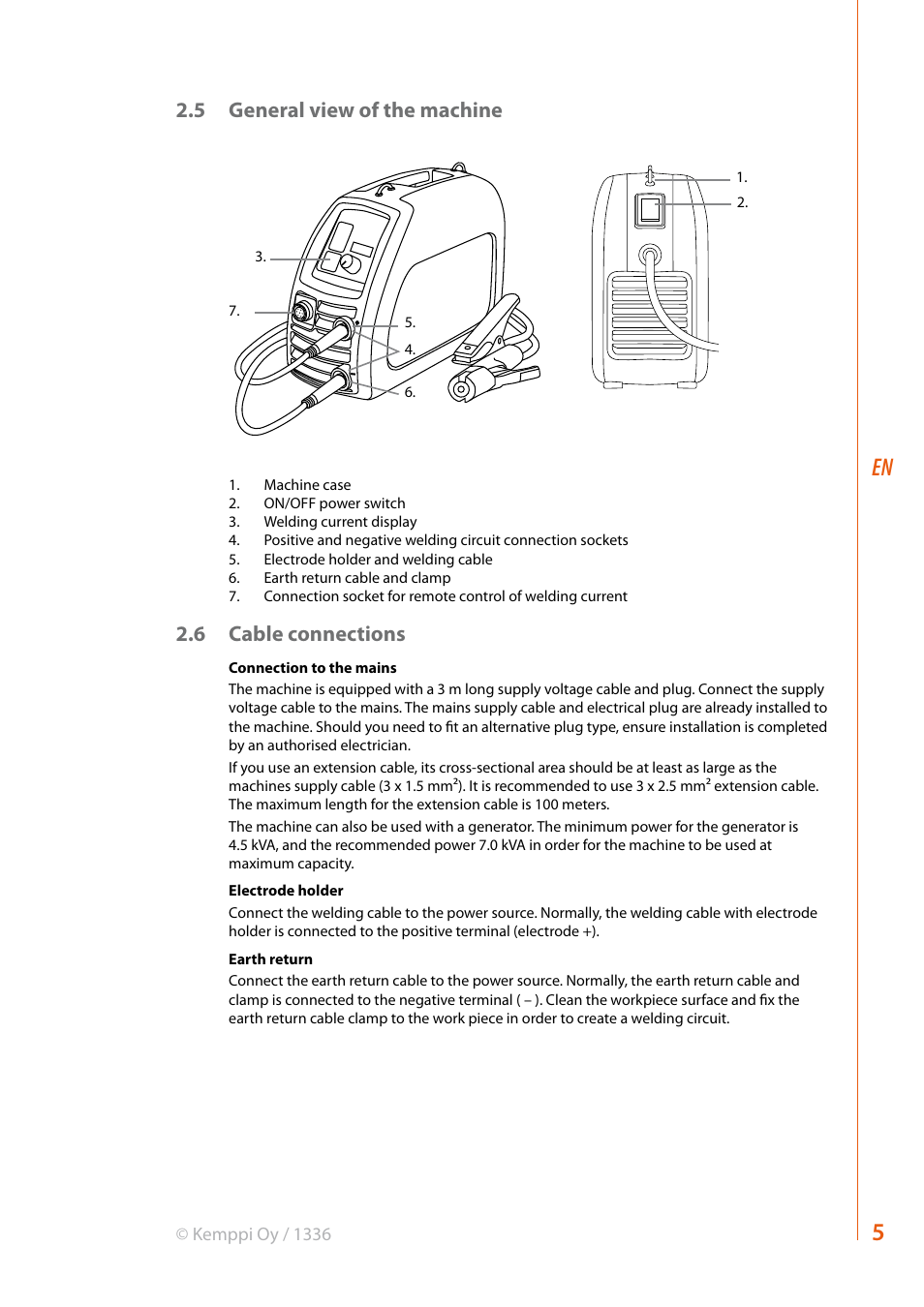 5 general view of the machine, 6 cable connections | Kemppi Evo 150 User Manual | Page 7 / 18