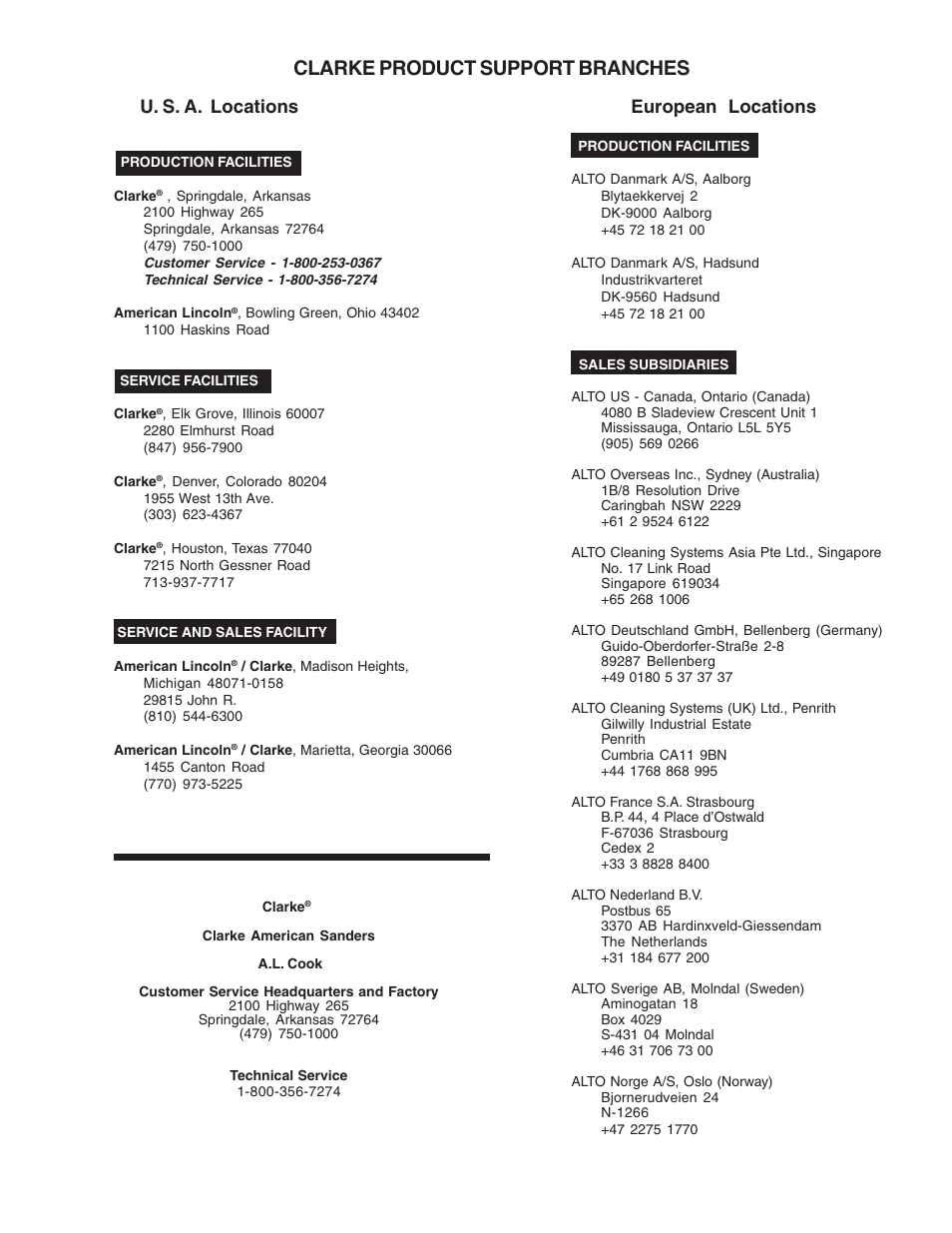 Clarke product support branches, U. s. a. locations european locations | Clarke BOOST 28 User Manual | Page 107 / 108