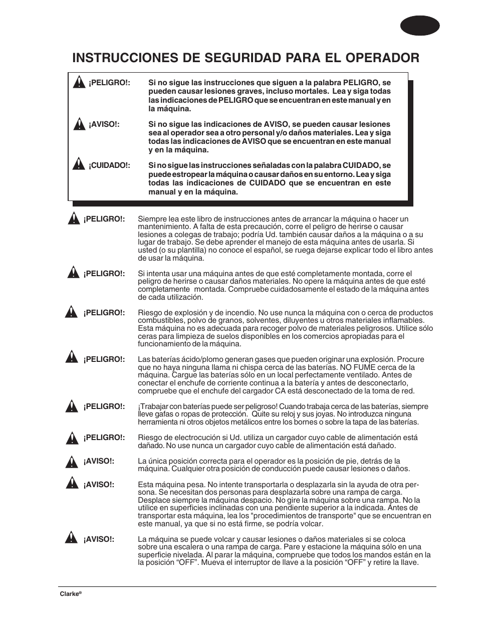 Instrucciones de seguridad para el operador, Es español | Clarke BOOST 28 User Manual | Page 29 / 108