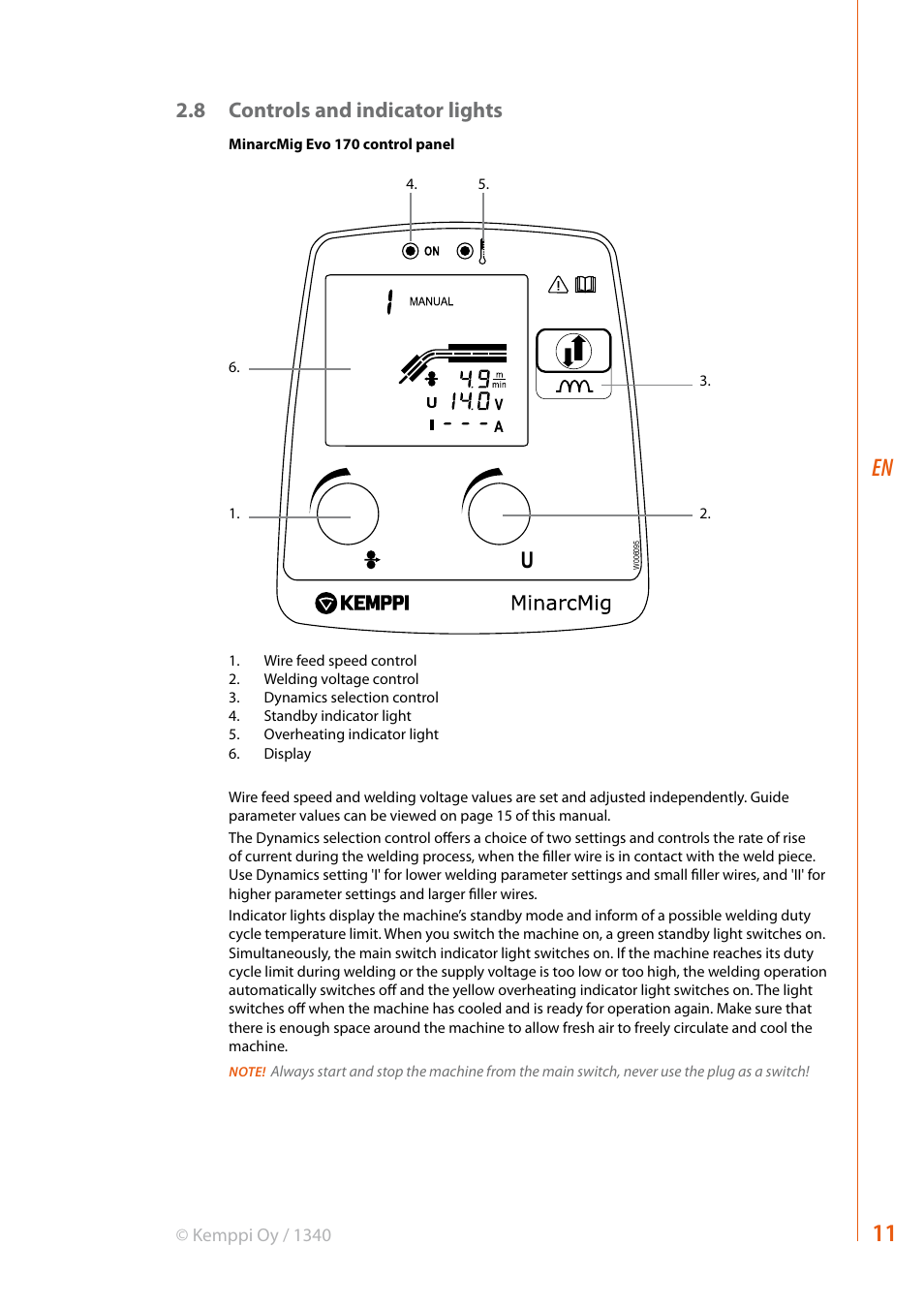 8 controls and indicator lights | Kemppi Evo 170 User Manual | Page 13 / 26