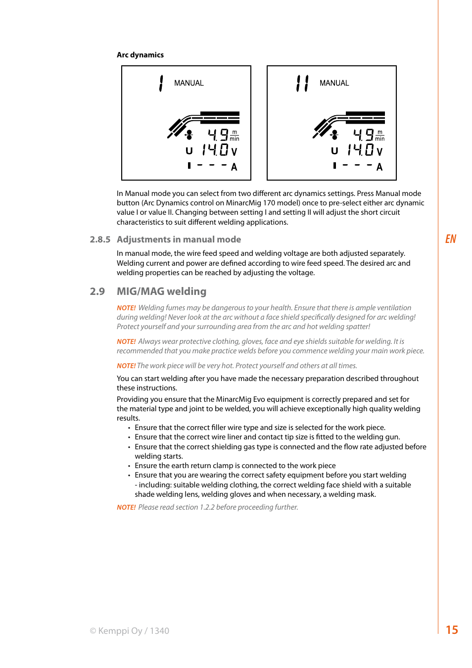 9 mig/mag welding | Kemppi Evo 170 User Manual | Page 17 / 26