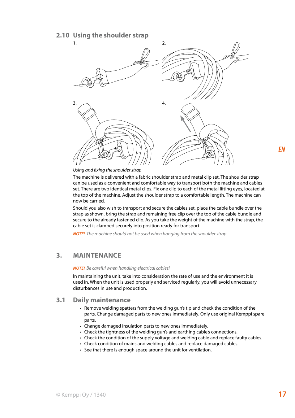 10 using the shoulder strap, Maintenance, 1 daily maintenance | Kemppi Evo 170 User Manual | Page 19 / 26