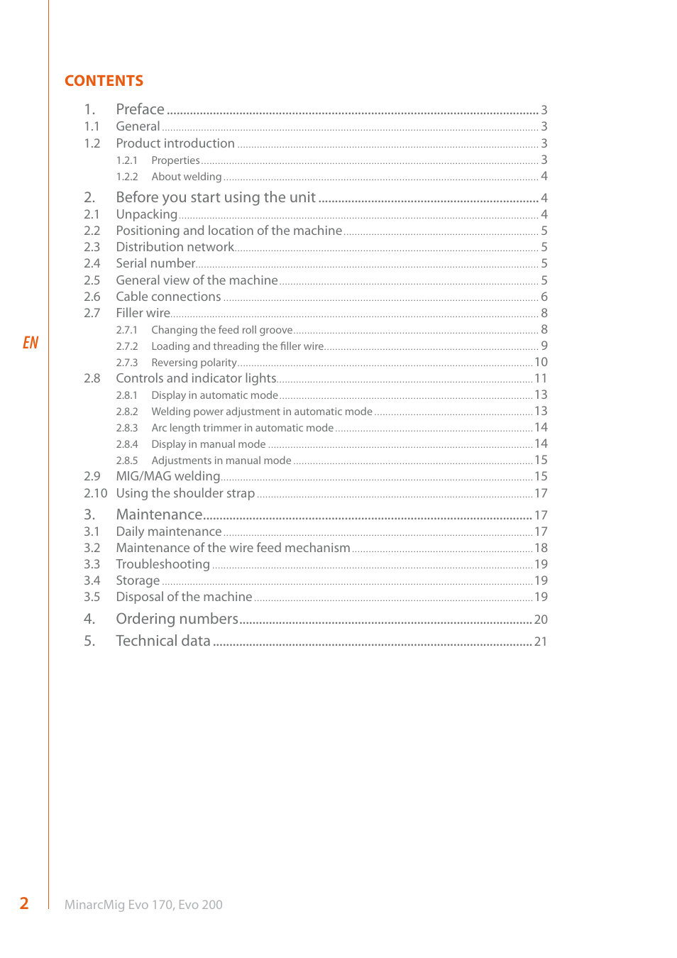 Contents 1. preface, Before you start using the unit, Maintenance | Ordering numbers, Technical data | Kemppi Evo 170 User Manual | Page 4 / 26