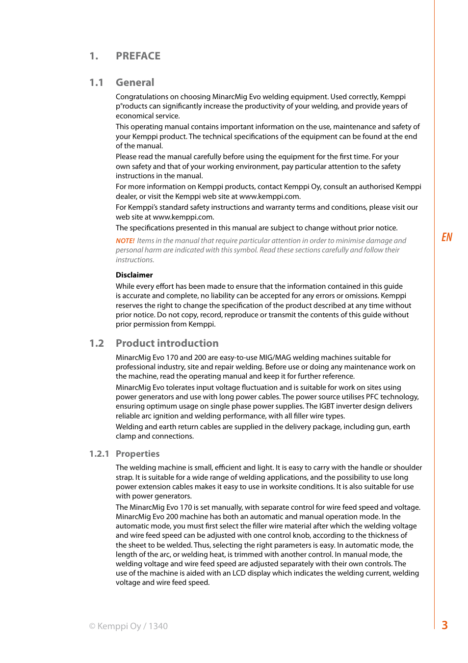Preface 1.1 general, 2 product introduction | Kemppi Evo 170 User Manual | Page 5 / 26